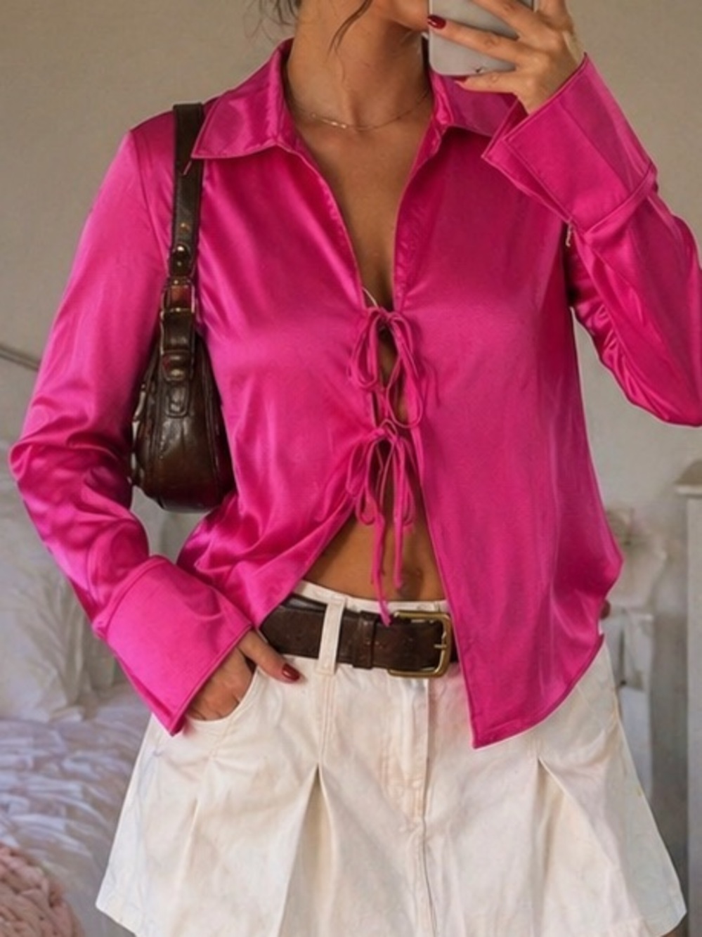 Tie-Front Satin Blouse in Fuchsia - Women Tops